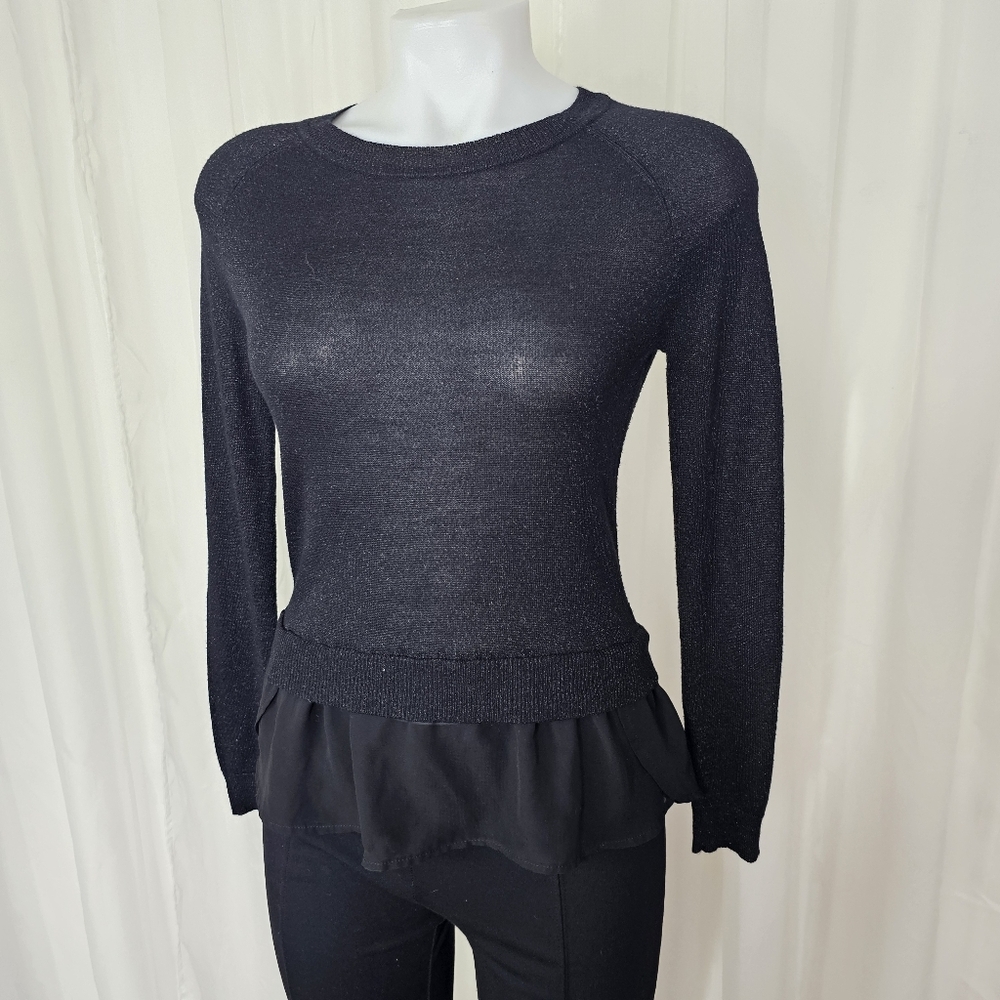 a.n.a Sparkly Black Sheer Ruffle Hem Sweater XS